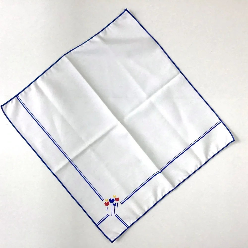 Vintage 1980s Cloth Napkins Set of 4 White Blue Edge Red Yellow Abstract Flower